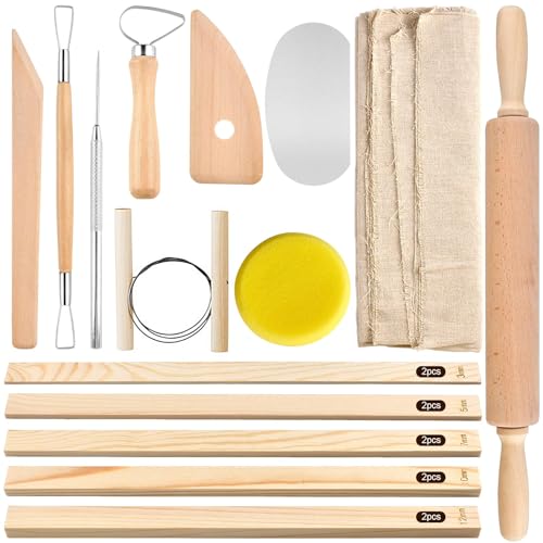 Akamino 20 Pcs Pottery Tools Include 1 Wood Rolling Pin,1 Portable Pottery Linen Tablecloth, 10 Pcs 5 Size Teaching Rolling Mud Stick Guide, 8 Clay Sculpting Tools for Manual Self Ceramic Clay Making