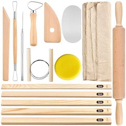 Akamino 20 Pcs Pottery Tools Include 1 Wood Rolling Pin,1 Portable Pottery Linen Tablecloth, 10 Pcs 5 Size Teaching Rolling Mud Stick Guide, 8 Clay Sculpting Tools for Manual Self Ceramic Clay Making