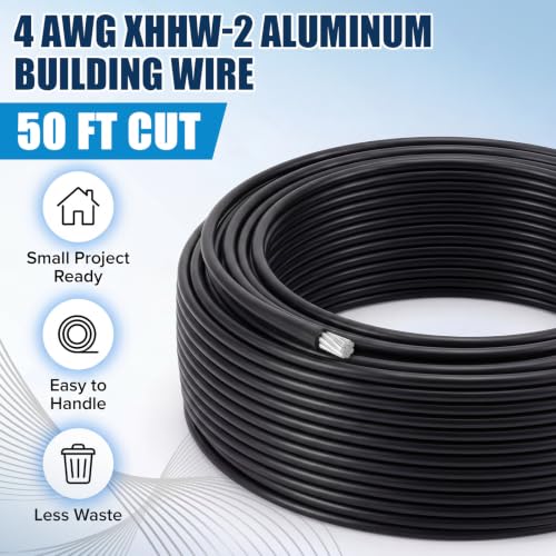 Relaxweex 50Ft 4 AWG XHHW-2 Aluminum Building Wire - UL Listed 600V 75A 90°C Stranded Cable for Residential, Commercial and Industrial Power Distribution Systems - size: 50Ft
