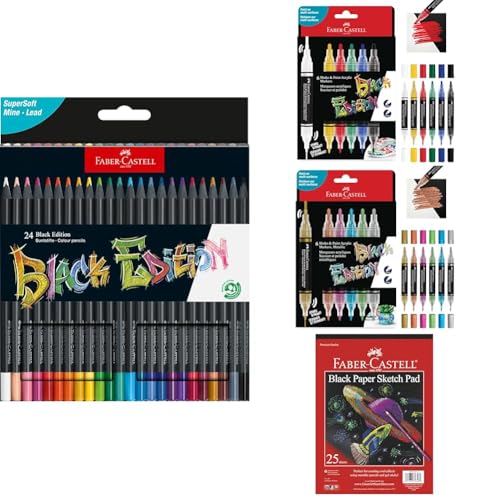 Faber-Castell Black Edition Art Set: 24 Colored Pencils, 6 Classic & 6 Metallic Dual Tip Paint Markers with 9" X 12" Black Paper Pad (25 Sheets)