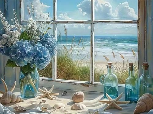 CHWGLFGG 5D Beach Window Diamond Art Kits for Adults Beginners 12x16in | Blue Hydrangea Flower Diamond Painting Kit DIY Full Round Drill Paint by Diamonds Dot Gem Art for Adult, Home Wall Decor - color: KM1157-1
