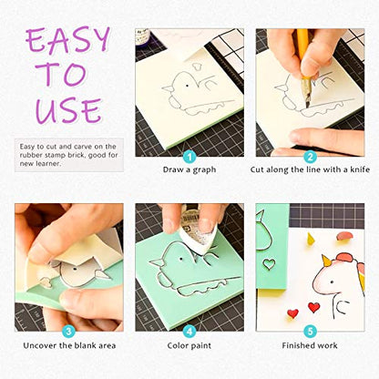 Swpeet 22Pcs 50mm Flat Round and Square Rubber Stamp Carving Blocks with 3Pcs Carving Knife Tools and Knife Polish Stone Kit, Double-Sided Removable Printing Carving Block for Scrapbooking Postcards