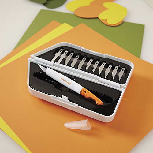 Fiskars Easy Change Precision Craft and Utility Knife Set with 12 Blades | Cutting and Carving Set, Ergonomic SoftGrip Handle with No-Roll Design, Cut Paper, Photos & More, Plastic Case for Storage - style: Cutting & Carving Set
