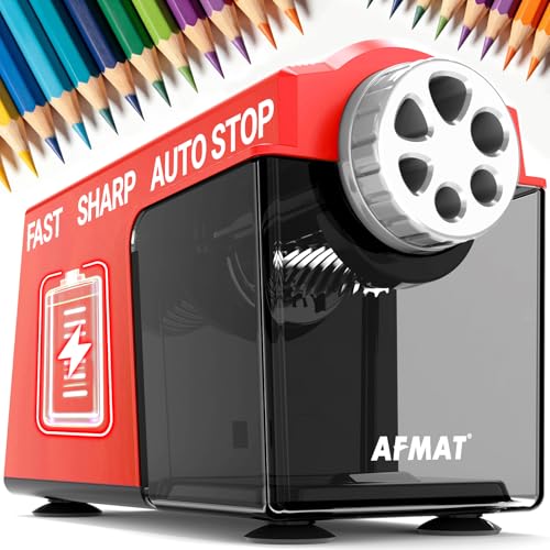 AFMAT Electric Pencil Sharpener Heavy Duty, 6 Holes, Cordless & Rechargeable, Super Fast, Auto Stop, 10K+ Uses, Classroom Pencil Sharpener for 6-11mm No.2/Large/Colored Pencils PSD4(Red) - color: Red