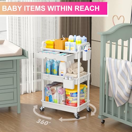 Goovilla 3 Tier Rolling Utility Cart Organizer with Removable Drawer, White | Stable and Sturdy Rolling Storage Carts with 2 Lockable Wheels for Bathroom, Kitchen, Snack, Craft, Makeup, Baby Essentials - size: 3 Tier, style: White