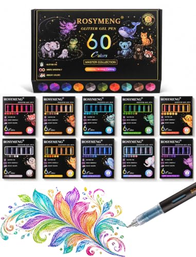 ROSYMENG 60 Colors Glitter Gel Pens, Sparkle Gel Ink Pens with 1.0mm Tips | Quick-Dry, Coloring Pen for Fine Outlining, Detailed Painting, Journaling and Adult Coloring Books - color: 60-Color Glitter Gel Pens
