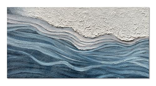 Art 24x48 inches Hand-Painted Blue and White Textured Art Oil Painting - Modern Abstract sea Wave Landscape Art - Suitable for Wall Decoration in Home Office - color: Yi132