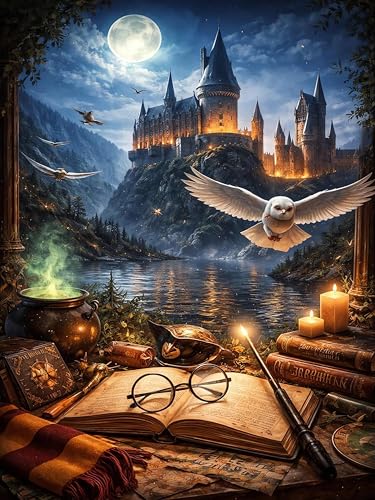LILEIDECO Diamond Art Kits for Adults, Magic Owl Diamond Painting Kits for Beginner Fantasy Book Castle DIY 5D Full Drill Diamond Dots Crafts for Home Wall Decor Gifts 12x16 Inch - color: BL87