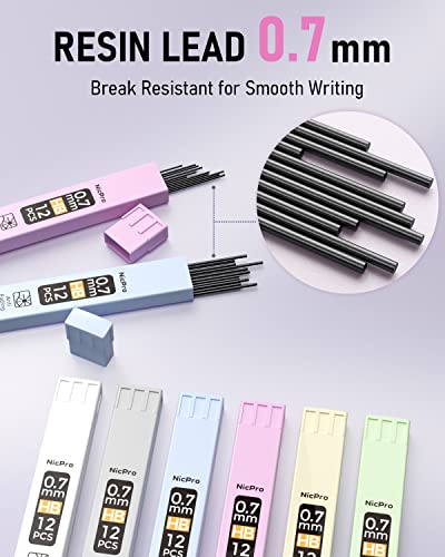 Nicpro 6PCS Pastel Mechanical Pencil Set 0.7 mm, Cute Mechanical Pencils with Comfort Grip with 12 Tubes HB Lead Refill, 3 Eraser, 9 Eraser Refills for Student Writing, Drawing, Sketching- with Case