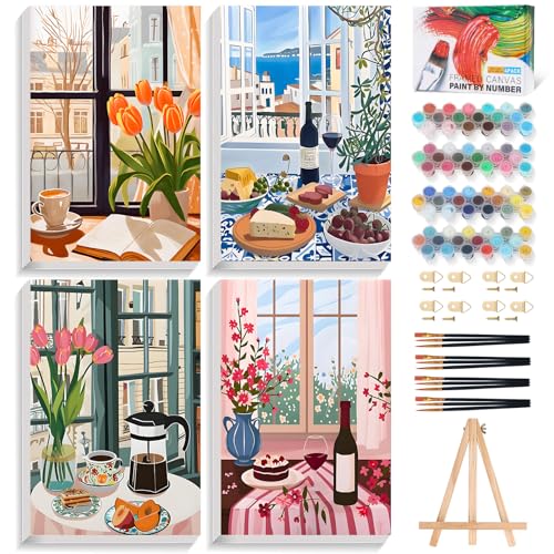 4 Pack Paint by Numbers Kit for Adults with Frame, Window Scenery & Flower | DIY Acrylic Painting Kit with Wooden Easel, Framed Paint by Number for Beginners, Home Wall Decor & Gift, 8 x 12 Inch - color: OP4FUS2510-02