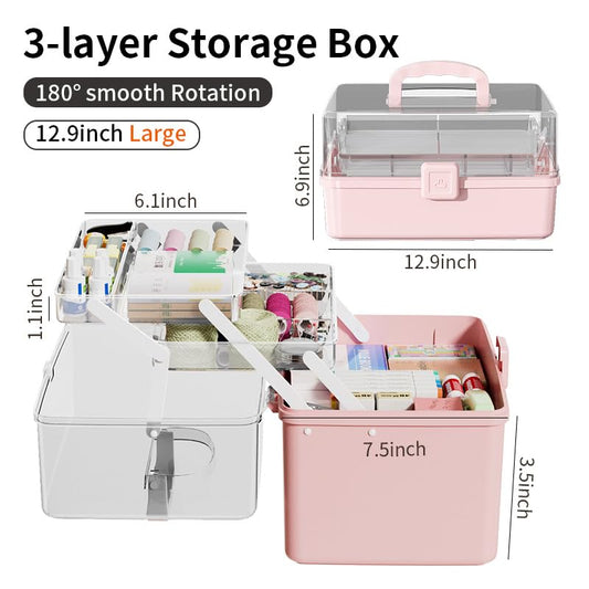 Large 3-Layer Craft Storage Box with Handle, Green - color: Haze Green