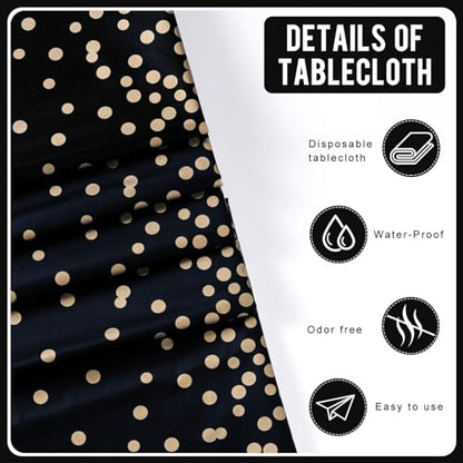 Eleclassi Black and Gold Dot 6 Pack Premium Disposable Plastic Tablecloth 54 x 108 in - Polka Dot Plastic Table Cloth Disposable Tablecloth for Rectangle Table up to 8 Feet - color: Black With Gold Dot