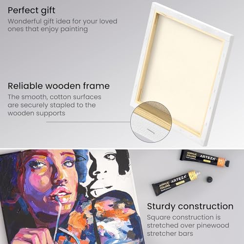 ARTEZA Premium Stretched Canvas, 12 x 12 Inches, Pack of 8, Blank White Square Canvas Boards for Acrylic, Oil and Gouache Painting - color: White - Premium, size: 12 x 12 (Pack of 8)