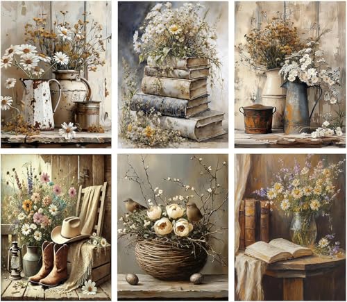 6 Pack Diamond Art Kits for Adults - Vintage Flower Diamond Painting Kits | 5D Dimond Art Paintings DIY Round Diamond Dots Full Drill Gem Art Craft Kit for Home Decor and Gifts 12X16 inch - color: Retro Nostalgia-6 PACK