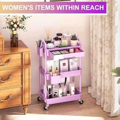 Goovilla 3 Tier Rolling Utility Cart Organizer with Removable Drawer,Purple | Stable and Sturdy Rolling Storage Carts with 2 Lockable Wheels for Bathroom, Kitchen, Snack, Craft, Makeup, Baby Essentials - size: 3 Tier, style: Purple
