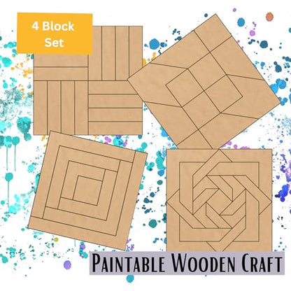 9" Barn Quilt Kit Set 4 | Log Cabin, Road to OK, Slip Knot, Rail Fence | Paintable unfinished wood quilt blocks for DIY group painting, farmhouse wall art, collage displays, and craft nights. - size: 9 inches (set of 4), style: Log Cabin, Road to Oklahoma