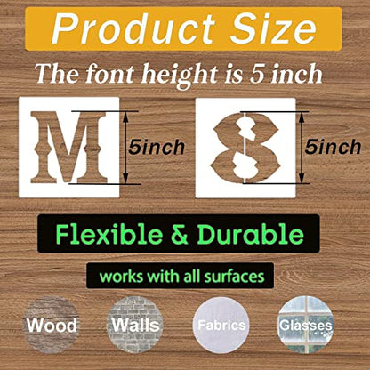 5 Inch Letter Stencils and Numbers, 38 Pcs Alphabet DIY Craft Stencils, Reusable Plastic Drawing Templates for Painting on Wood, Wall, Fabric, Rock, Floor, Signage, Door Porch - size: 5 Inch