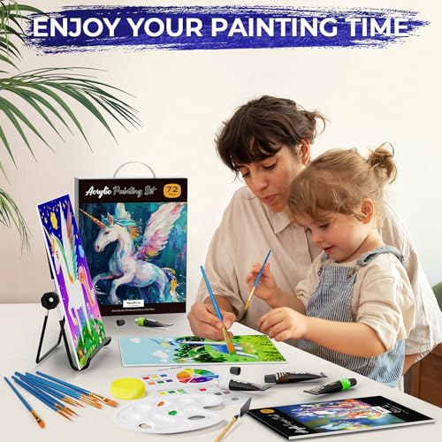 Nicpro 72PCS Kids Painting Set with Pattern Canvas for Beginner Students | 24 Acrylic Paints, 10 Brushes, 8 Canvas Panels, Table Easel, Paper Pad, Color Wheel, Palette, Art Painting Supplies Kit - color: 24 Colors