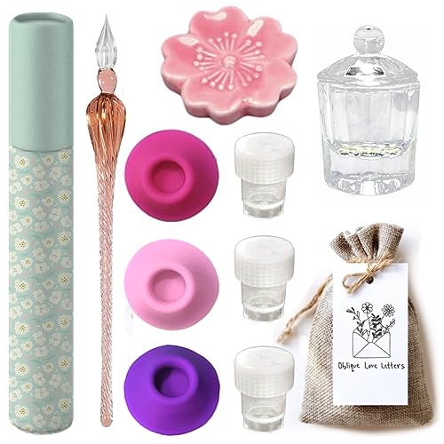 Glass Dip Pen Set with Glass Ink Well Inkwell with Lid Calligraphy Writing Set - style: Coral Pink Glass Dip Pen Set