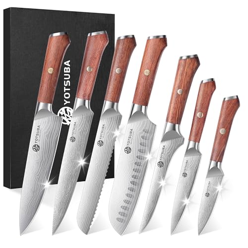 YOTSUBA 7PCS Japanese Kitchen Knife Set with Genuine Natural Rosewood Ergonomic Handle & Gift Box, Professional Ultra Sharp High Carbon Stainless Steel Knives for Cooking - style: 7 PCS Knife Set