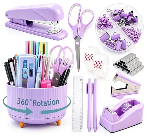 Gawsey Purple Desk Organizers and Accessories with Desk Organizer 360° Rotating Pen Holder and Office Supplies, Cute Stationery Supplies Set - color: A Purple