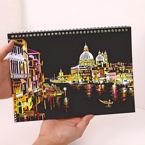 10-Board Scratch Art Book for Adults, Rainbow Cityscape Kit with Tools | Scratch art tools reveal 10 rainbow cityscapes for screen-free tabletop entertainment at home, during travel or with friends. - color: Travel Landmarks A