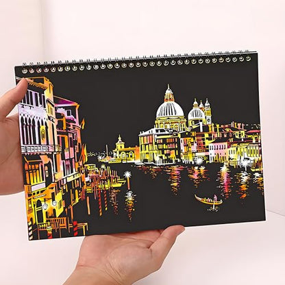 10-Board Scratch Art Book for Adults, Rainbow Cityscape Kit with Tools | Scratch art tools reveal 10 rainbow cityscapes for screen-free tabletop entertainment at home, during travel or with friends. - color: Travel Landmarks A