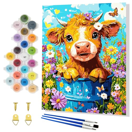 Yunnuo Cow Paint by Numbers Kit for Adults,Highland Cow Flowers Paint by Number Canvas,Acrylic Simple Painting by Numbers for Adults Beginners,Perfect for Home Wall Decor and Gifts(19.7x15.7 inches) - color: A-031-Highland Cow