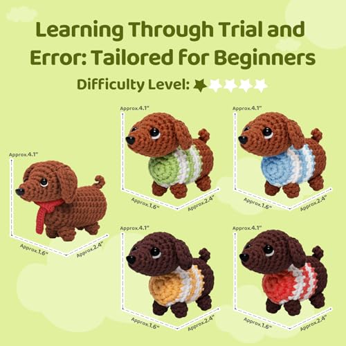 Mewaii Crochet Kit for Beginners, 5 Pack Dachshund Dog Craft Set - color: Brown Red and Blue