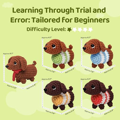 Mewaii Crochet Kit for Beginners, 5 Pack Dachshund Dog Craft Set - color: Brown Red and Blue