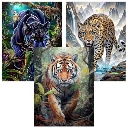 Ekuxom 3 Pack Diamond Art Kits for Adults-Wild Animals Diamond Painting | DIY Full Round Drill Gem Art Painting Kits for Home Wall Decor 12x16 inch (Tiger Panther and Leopard) - color: Wild Animals