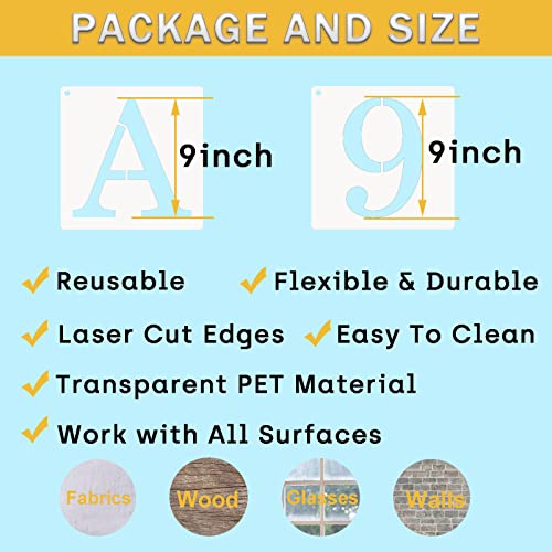 9 Inch Letter Stencils Numbers Craft Stencils, 40 Pcs Reusable Plastic Alphabet Drawing Templates for Painting on Wood, Wall, Fabric, Rock, Signage, Door Porch - size: 9 Inch