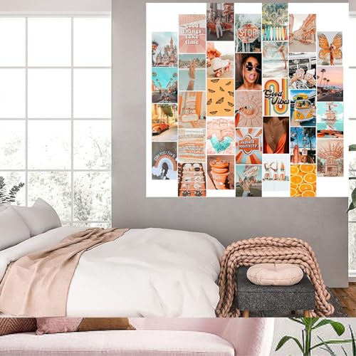 Michgar Wall Art Kit, 50 Pcs 4x6 inch Aesthetic Posters for Bedroom Decor, Waterproof Photo Collage for Teen Girls, Glossy Finish, Wall Mount, Orange - color: orange