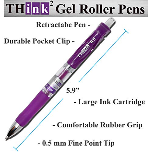 [24 Pens - Purple Ink] Think2 Retractable Gel Pens. (24 Purple) Fine Point (0.5mm) Rollerball Pens with Comfort Grip. - color: Purple