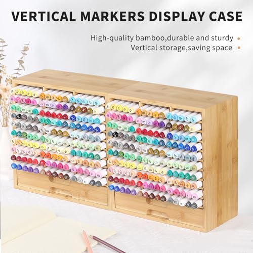 AUTOARK Bamboo Marker Organizer for 150 Markers,AHK-060 | Desktop Storage with Drawers,Art Markers Pens Pencils Brushes - size: 150 Markers