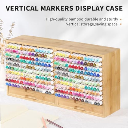 AUTOARK Bamboo Marker Organizer for 150 Markers,AHK-060 | Desktop Storage with Drawers,Art Markers Pens Pencils Brushes - size: 150 Markers