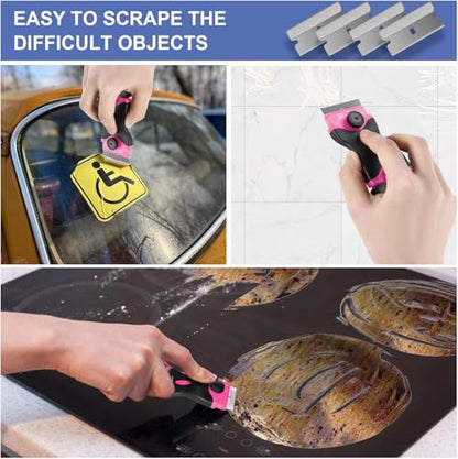 4 PCS Razor Blade Scraper with 40Pcs Metal and 40Pcs Plastic Blades, 2-in-1 Cleaning Scraper Tool for Cooktop Oven Floor Window Glass Car (Pink)