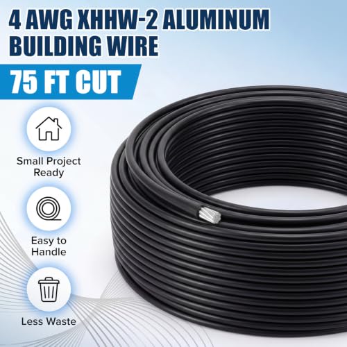Relaxweex 75Ft 4 AWG XHHW-2 Aluminum Building Wire - UL Listed 600V 75A 90°C Stranded Cable for Residential, Commercial and Industrial Power Distribution Systems - size: 75Ft