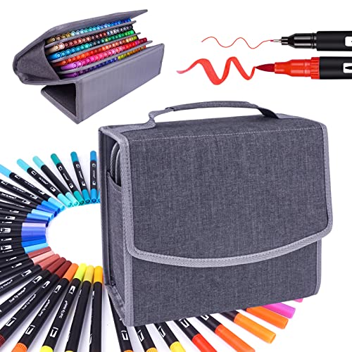 Markers for Adult Coloring Books No Bleeding, 120 Dual Tip Coloring Markers | Brush&Fine Tip Art Supplies for Calligraphy, Journaling, Sketching, Gifts for Teens with Case - color: Grey