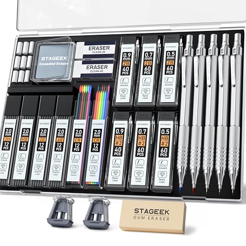 STAGEEK 25PCS Art Mechanical Pencil Set, 3PCS Metal lead pencil 0.5, 0.7, 0.9, 2PCS 2mm Drawing Pencil (HB 2H 2B 4B Color) with 392PCS Graphite Leads, Eraser with Case for Drafting Drawing Writing - color: Silver, style: 0.5+0.7+0.9+2.0MM