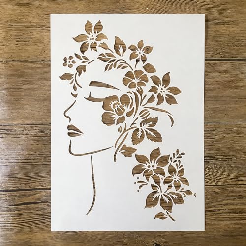 TIAMECH A4 Reusable Floral Woman Face Stencil for Painting | Elegant Lady Profile Layering Template, DIY Wall Art, Wood Furniture, Scrapbook & Crafts (8.3x11.7inch) - style: Floral Woman Face