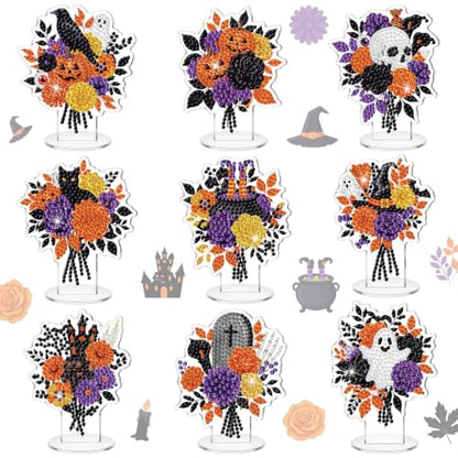 Kosiz 9 Pcs Halloween Diamond Painting Tabletop Decorations Halloween Flower Diamond Art Kits for Adults Double Sided Acrylic Pumpkin Centerpieces Sign for Table Beginner DIY Crafts Gifts Party Decor - style: Halloween Flowers