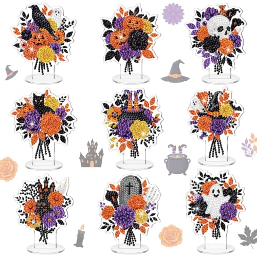 Kosiz 9 Pcs Halloween Diamond Painting Tabletop Decorations Halloween Flower Diamond Art Kits for Adults Double Sided Acrylic Pumpkin Centerpieces Sign for Table Beginner DIY Crafts Gifts Party Decor - style: Halloween Flowers
