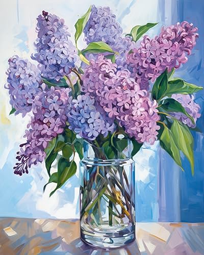 Tucocoo Paint by Number Blue Lilac in a Glass Vase Flowers DIY Painting On Canvas with Brushes Acrylic Paints Graffiti Paint by Numbers for Adults Kids Students Beginner 16x20 Inch（DIY Frame） - color: Flower in Vase 01, size: 16''x20''(DIY Frame)