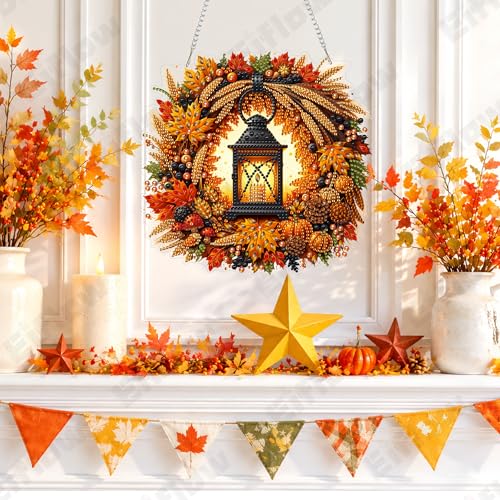 Eiflow Acrylic Diamond Art Hanging Kit for Adults Fall Wreath, DIY Diamonds Painting Door Hanger Board Kit, Special Crystal Diamond Art Painting Pendant Ornament (Lantern) - color: Lantern Wreath