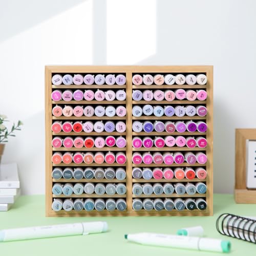 Ohuhu Bamboo Marker Organizer, Wooden Desktop Storage Holds 126 Markers | Markers Pens Pencils Art Brushes Stationary Organizer Pencil Holder with 18 Compartments for Classroom Office Decor Home - style: Right Angle Hold 126 Markers