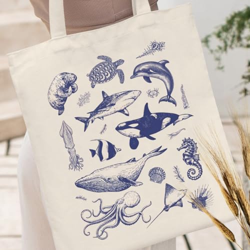Canvas Aesthetic Tote Bag for Women with Inner Pocket Totes Shoulder Book Bag Shopping Reusable Grocery Bags - color: Sea Life Tote Bag 1