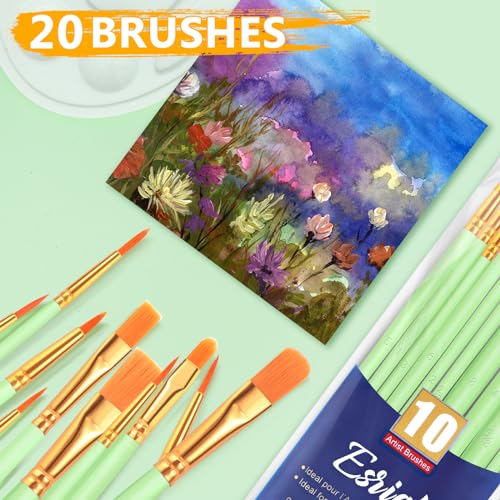 ESRICH Paint Brushes Set, 2 Packs 20 Pcs Acrylic Paint Brush | Acrylic Oil Watercolor, Face Nail Art, Rock Painting,Painting Artist Professional Kits, Green - color: Green, size: 20