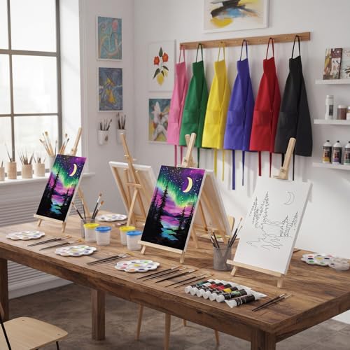 Cholemy 8 Set Paint and Sip Kit for Adults 8'' x 10'' Pre Drawn Canvas with Wooden Easels Acrylic Paint Brushes Wash Cup Palette Apron for Painting DIY Date Night Party Supplies (Moonlit Night) - style: Moonlit Night