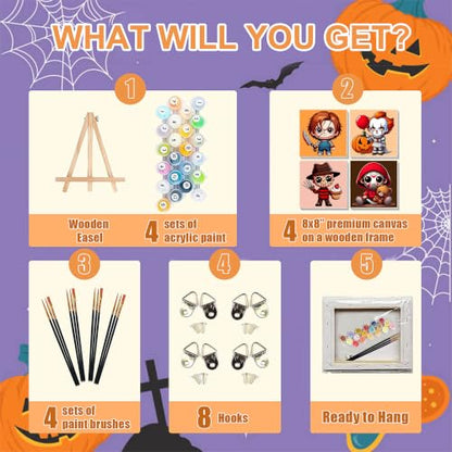 4 Pack Halloween Paint by Numbers for Kids with Frame Canvas - Wooden Easel - color: BKH2889+BKH2890+BKH2891+BKH2892